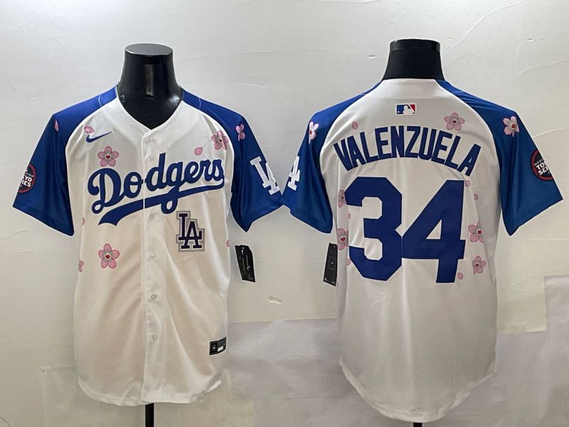 Men Los Angeles Dodgers 34 Valenzuela White Blue Sakura Edition 2025 Nike MLB Jersey style 9